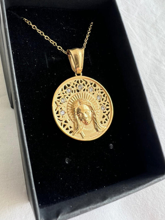 Medalla de la Virgen Calada Acero y circonitas
